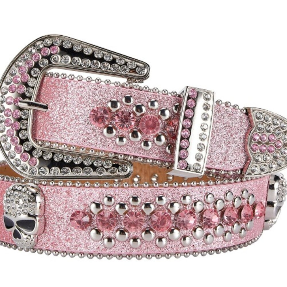Pink Rhinestone Belt with Skulls+Silver rhinestone belt without.